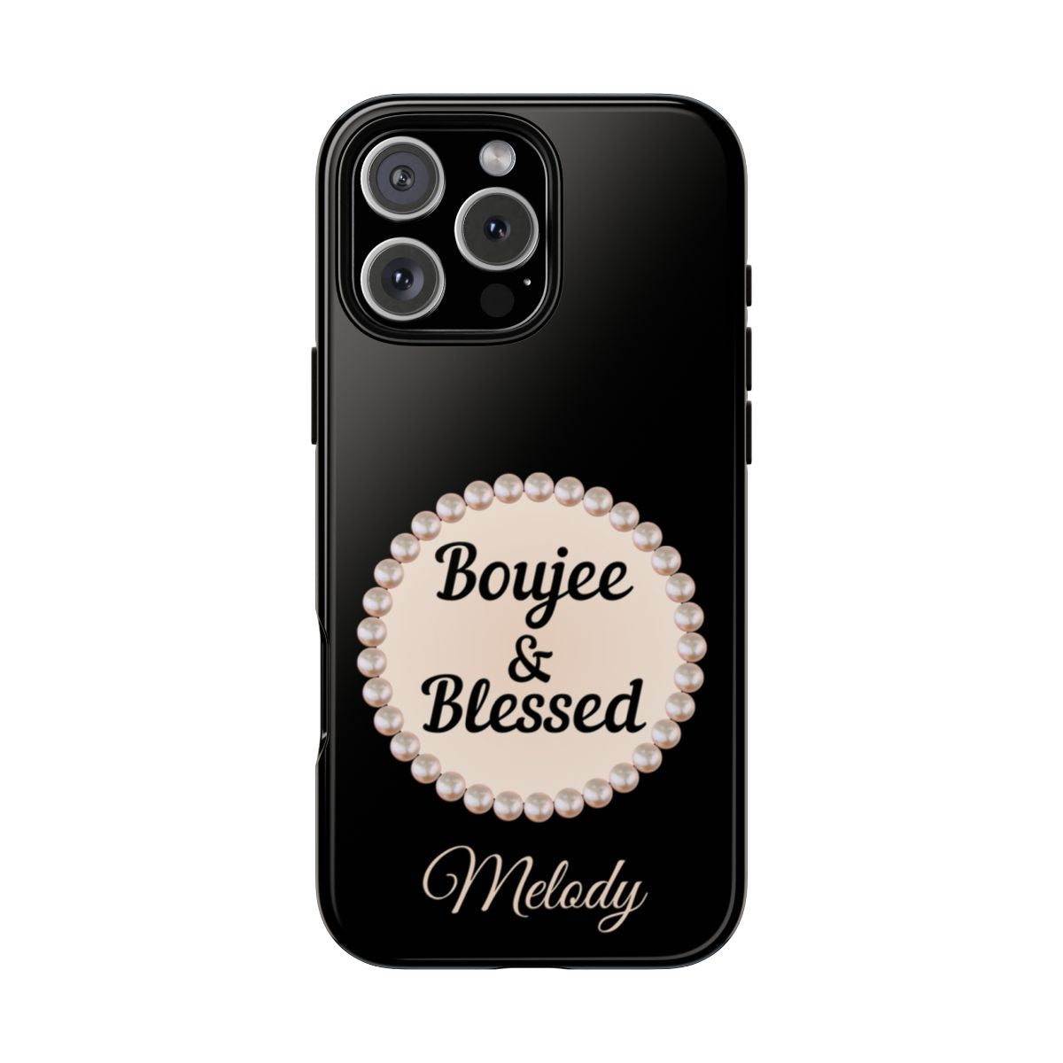 Personalized Boujee & Blessed Themed Tough iPhone Cases 14/15/16 Plus/Pro/Pro Max (Black and Pearl Emblem)