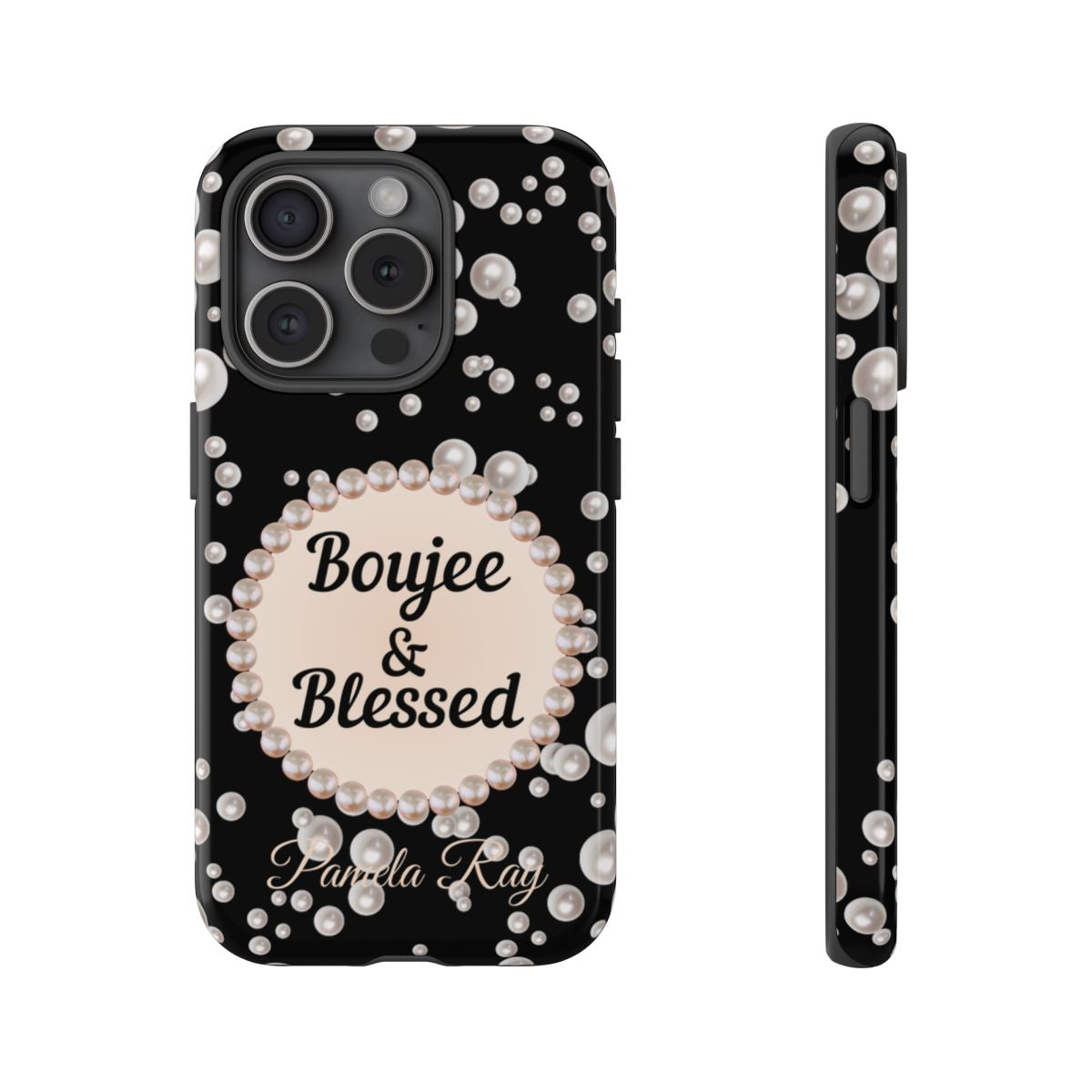 Personalized Boujee & Blessed Themed Tough iPhone Cases 14/15/16 Plus/Pro/Pro Max (Black and Pearl Emblem)