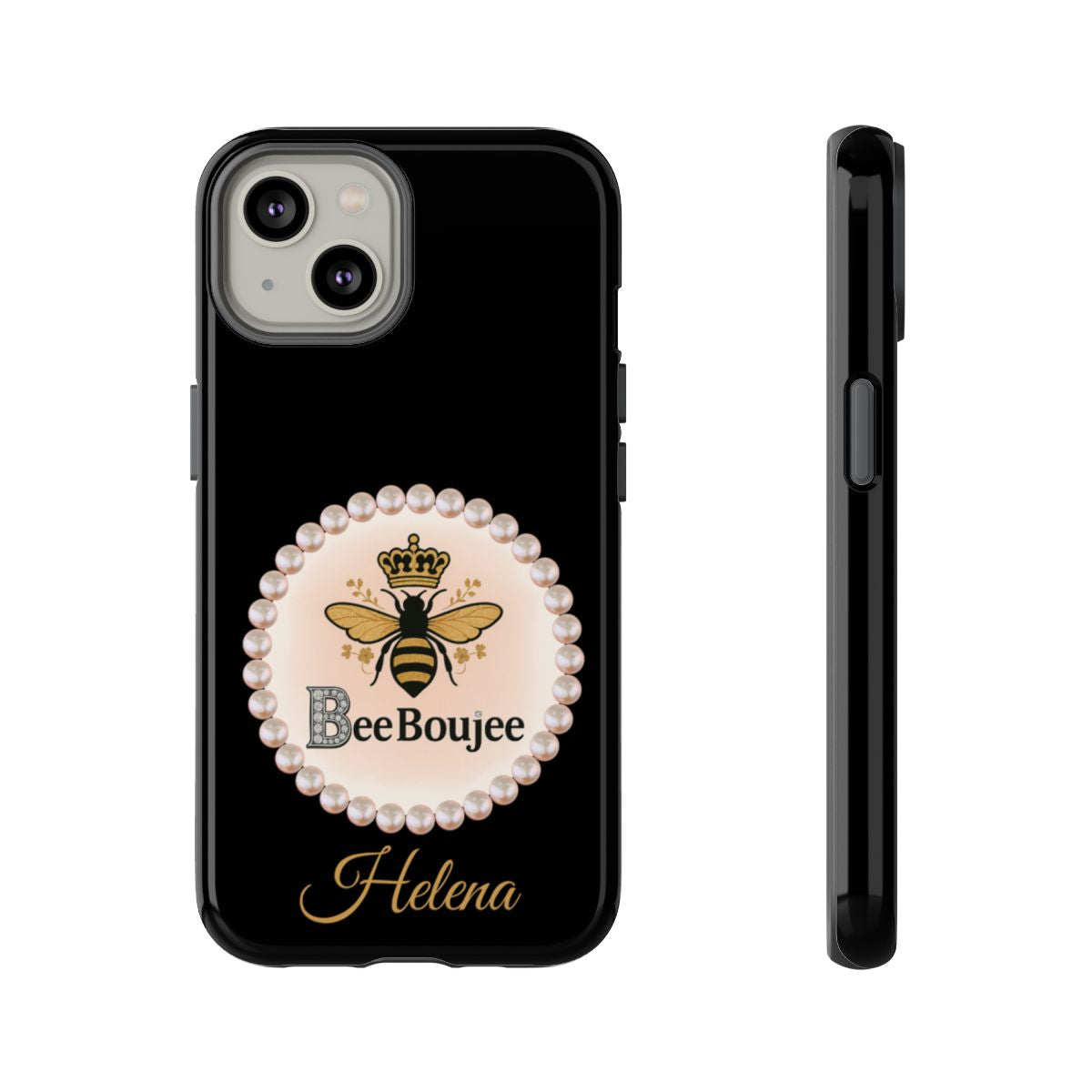 Personalized Bee Boujee Themed Tough iPhone Cases 14/15/16 Plus/Pro/Pro Max (Black and Pearl Emblem)
