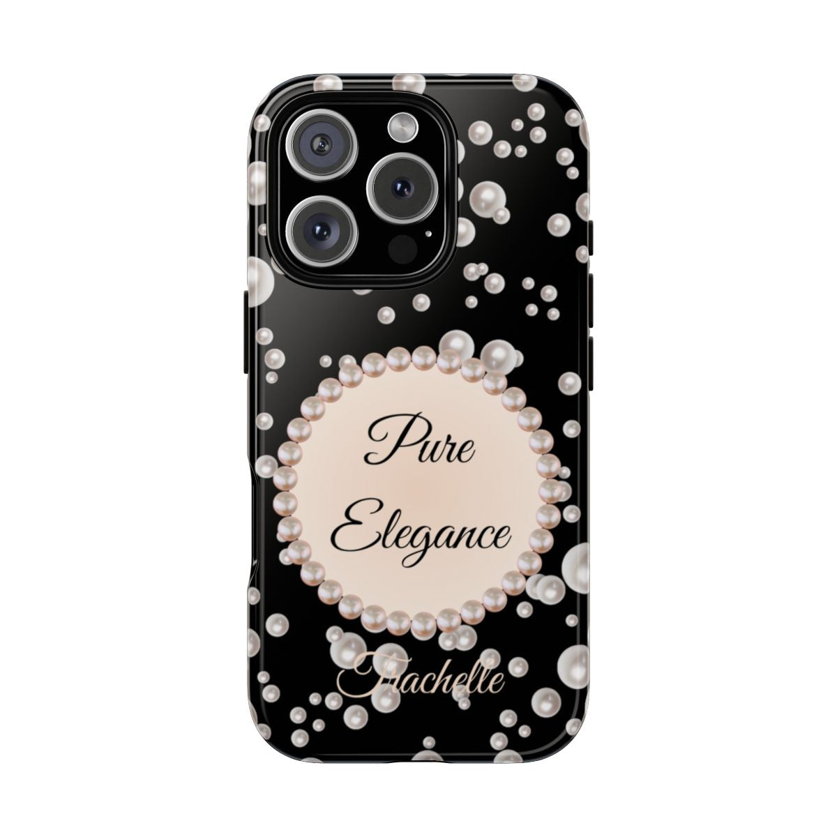 Personalized Boujee-Themed Tough iPhone 16 Pro Case (Black and Pearl Emblem)