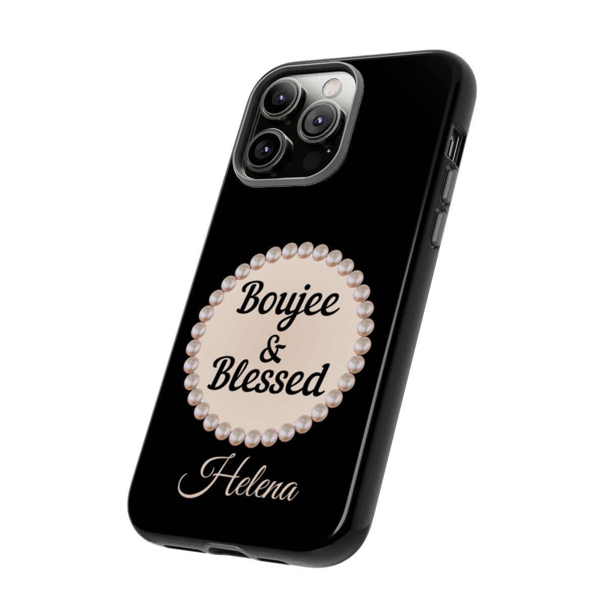 Personalized Boujee & Blessed Themed Tough iPhone Cases 14/15/16 Plus/Pro/Pro Max (Black and Pearl Emblem)
