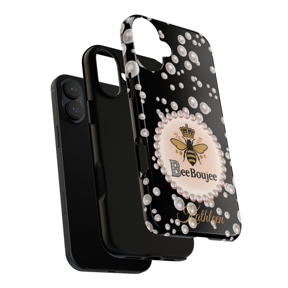 Personalized Bee Boujee Themed Tough iPhone Cases 14/15/16 Plus/Pro/Pro Max (Black and Pearl Emblem)