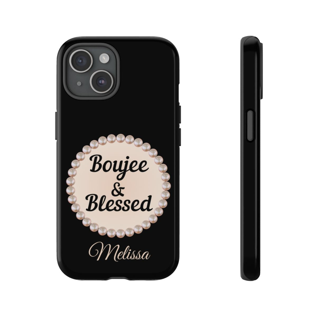 Personalized Boujee & Blessed Themed Tough iPhone Cases 14/15/16 Plus/Pro/Pro Max (Black and Pearl Emblem)