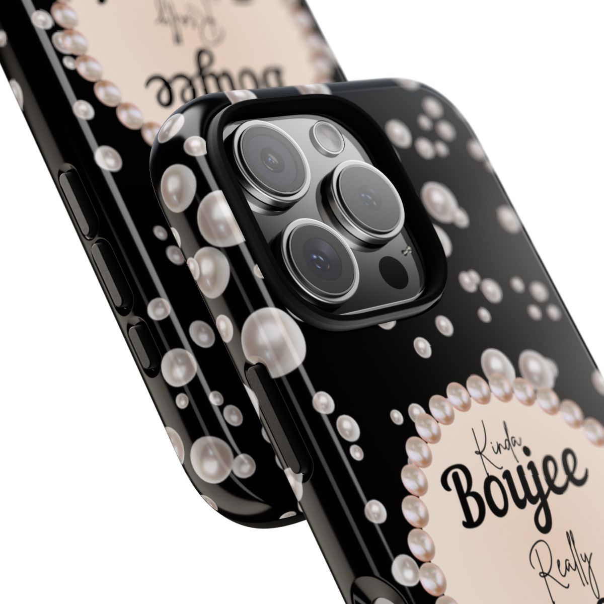 Personalized Boujee-Themed Tough iPhone 16 Pro Case (Black and Pearl Emblem)