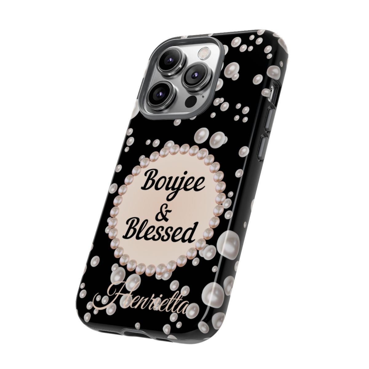Personalized Boujee & Blessed Themed Tough iPhone Cases 14/15/16 Plus/Pro/Pro Max (Black and Pearl Emblem)