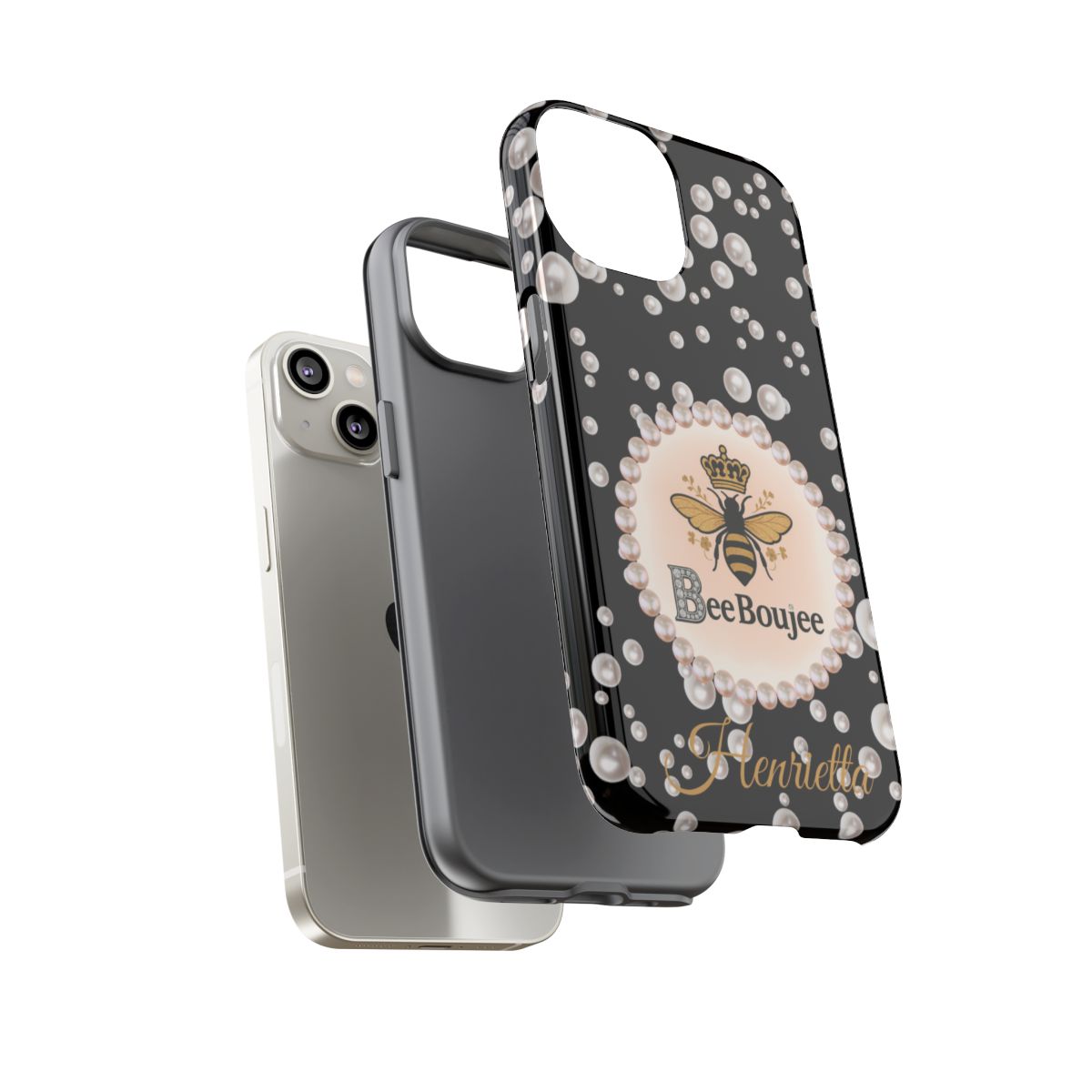 Personalized Bee Boujee Themed Tough iPhone Cases 14/15/16 Plus/Pro/Pro Max (Black and Pearl Emblem)