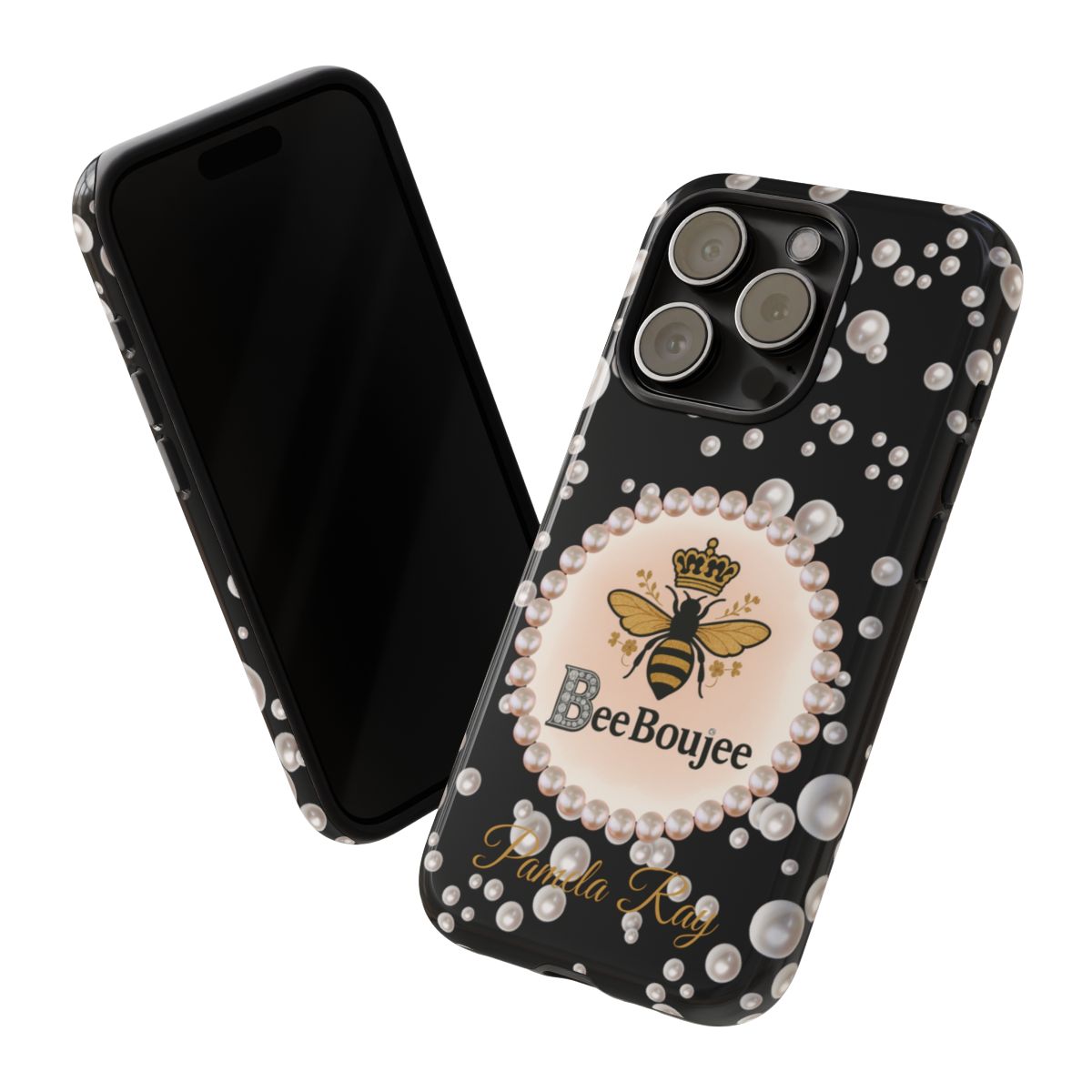 Personalized Bee Boujee Themed Tough iPhone Cases 14/15/16 Plus/Pro/Pro Max (Black and Pearl Emblem)