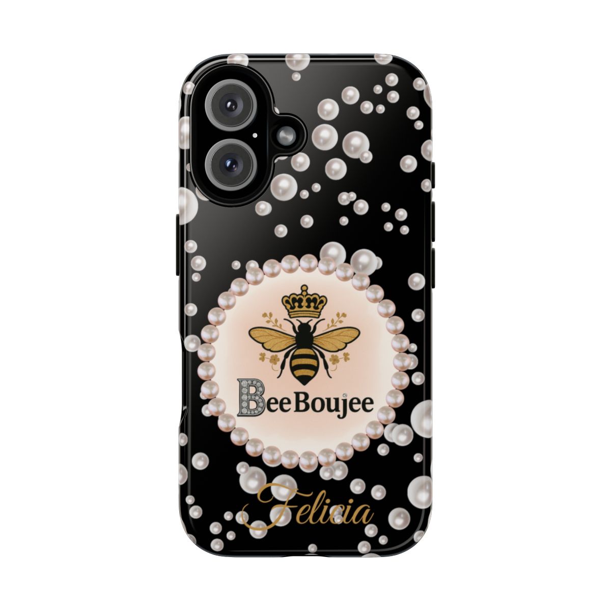 Personalized Bee Boujee Themed Tough iPhone Cases 14/15/16 Plus/Pro/Pro Max (Black and Pearl Emblem)
