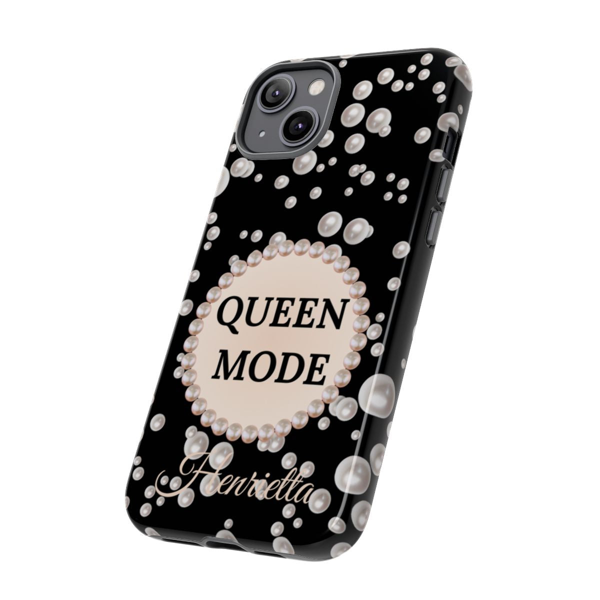 Personalized Queen Mode Themed Tough iPhone Cases 14/15/16 Plus/Pro/Pro Max (Black and Pearl Emblem)