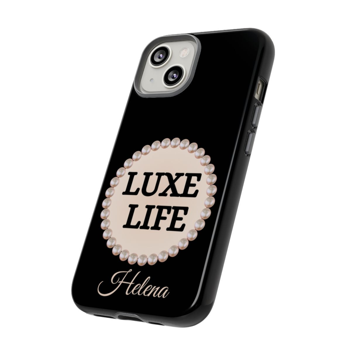 Personalized Luxe Life Themed Tough iPhone Cases 14/15/16 Plus/Pro/Pro Max (Black and Pearl Emblem)