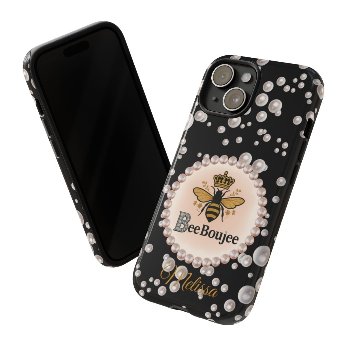 Personalized Bee Boujee Themed Tough iPhone Cases 14/15/16 Plus/Pro/Pro Max (Black and Pearl Emblem)