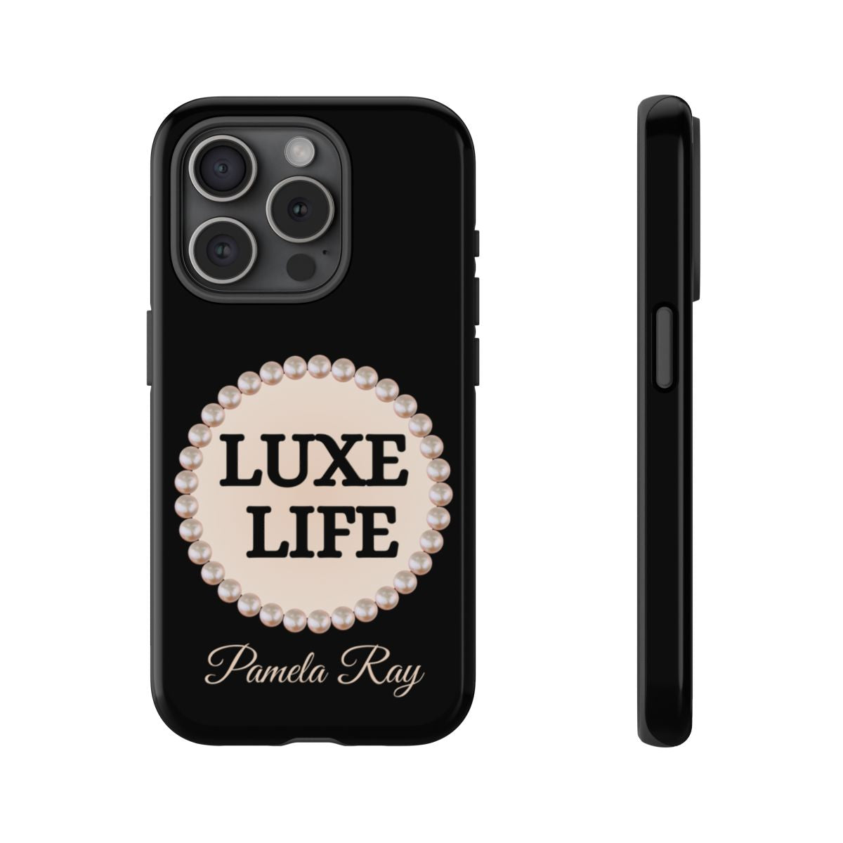 Personalized Luxe Life Themed Tough iPhone Cases 14/15/16 Plus/Pro/Pro Max (Black and Pearl Emblem)