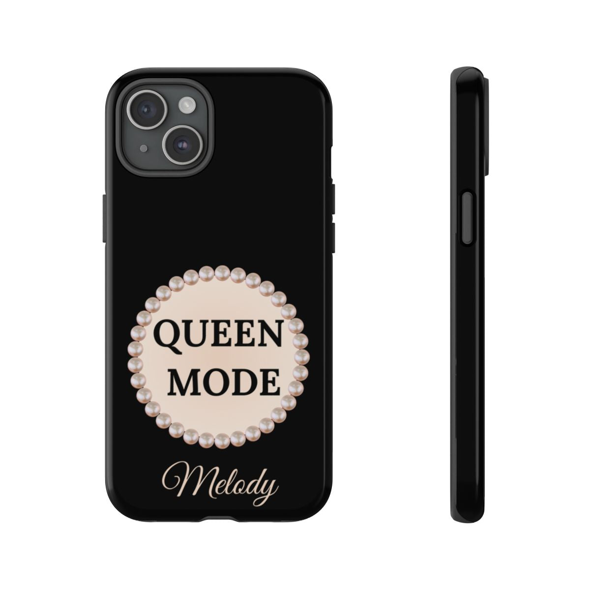 Personalized Queen Mode Themed Tough iPhone Cases 14/15/16 Plus/Pro/Pro Max (Black and Pearl Emblem)
