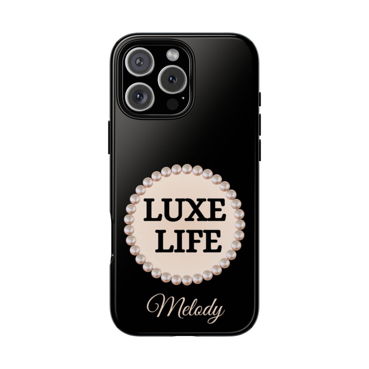 Personalized Luxe Life Themed Tough iPhone Cases 14/15/16 Plus/Pro/Pro Max (Black and Pearl Emblem)