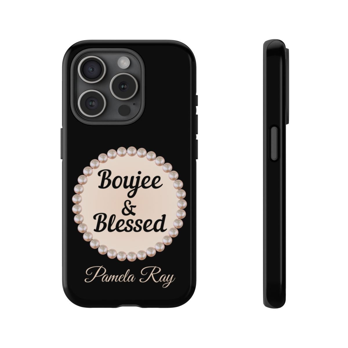 Personalized Boujee & Blessed Themed Tough iPhone Cases 14/15/16 Plus/Pro/Pro Max (Black and Pearl Emblem)