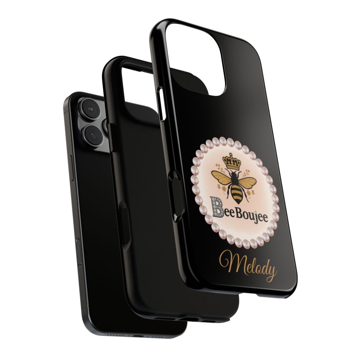 Personalized Bee Boujee Themed Tough iPhone Cases 14/15/16 Plus/Pro/Pro Max (Black and Pearl Emblem)