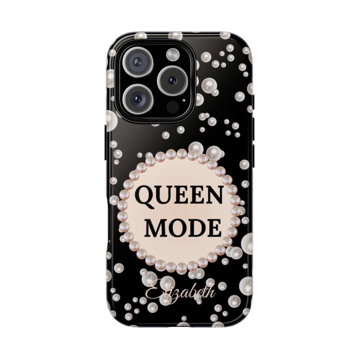 Personalized Queen Mode Themed Tough iPhone Cases 14/15/16 Plus/Pro/Pro Max (Black and Pearl Emblem)