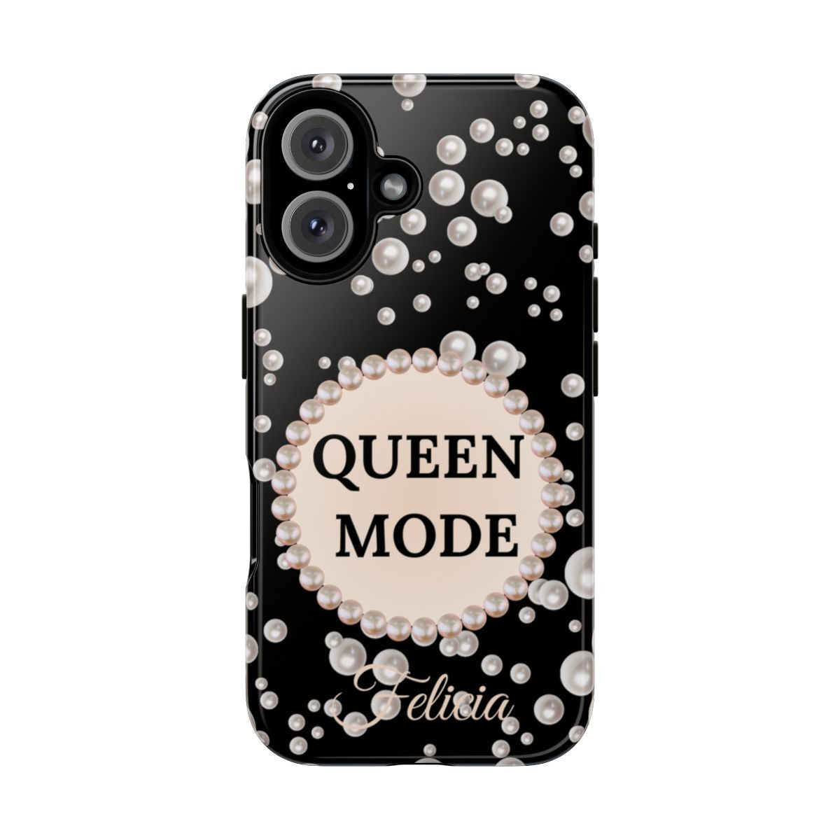 Personalized Queen Mode Themed Tough iPhone Cases 14/15/16 Plus/Pro/Pro Max (Black and Pearl Emblem)