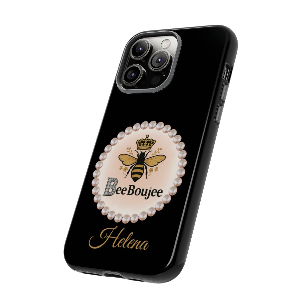 Personalized Bee Boujee Themed Tough iPhone Cases 14/15/16 Plus/Pro/Pro Max (Black and Pearl Emblem)