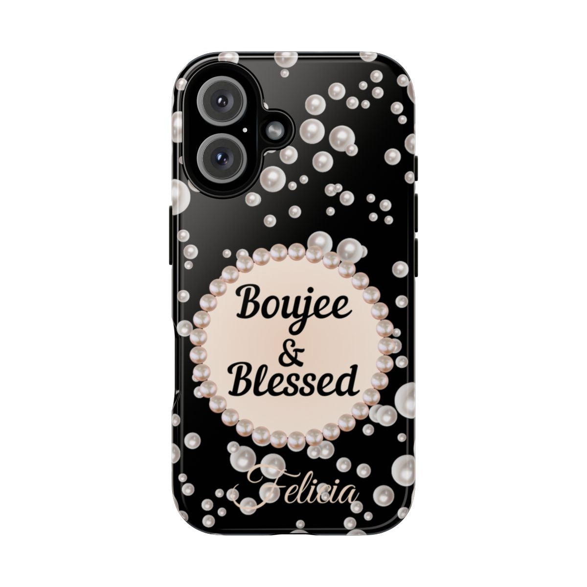Personalized Boujee & Blessed Themed Tough iPhone Cases 14/15/16 Plus/Pro/Pro Max (Black and Pearl Emblem)