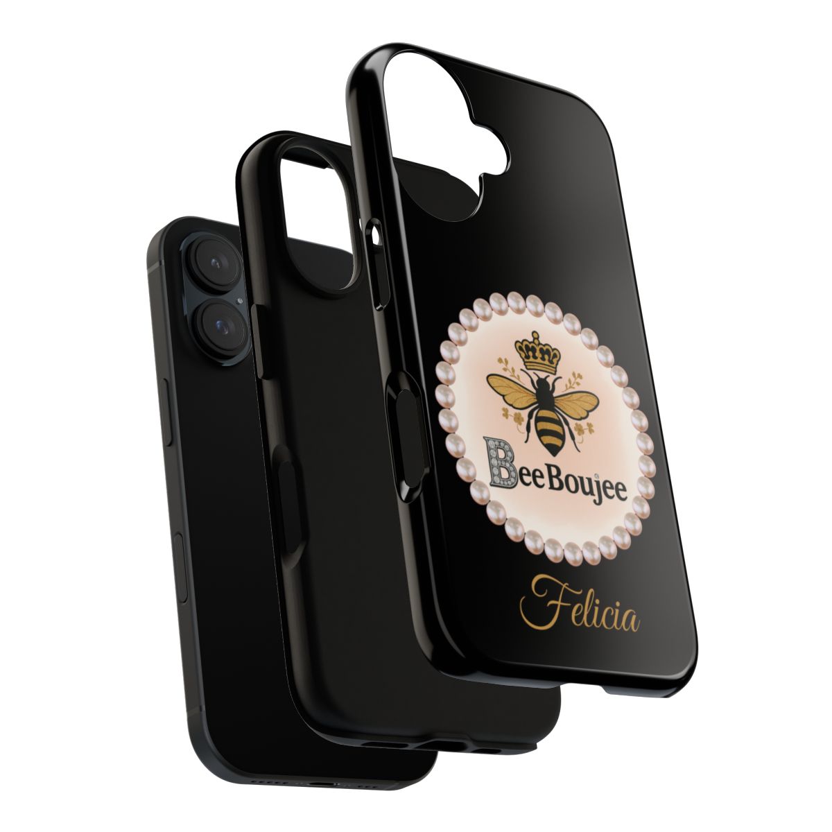 Personalized Bee Boujee Themed Tough iPhone Cases 14/15/16 Plus/Pro/Pro Max (Black and Pearl Emblem)