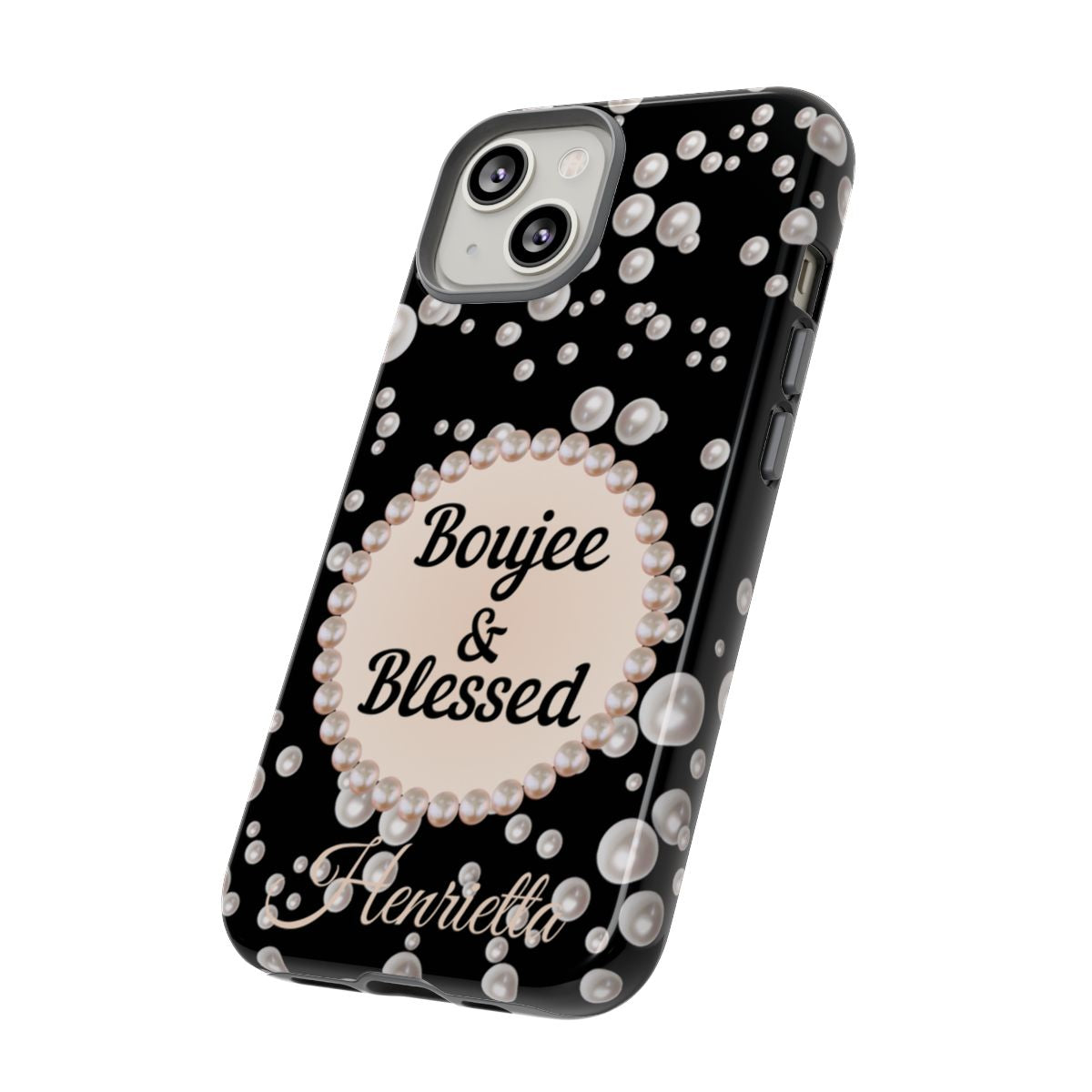 Personalized Boujee & Blessed Themed Tough iPhone Cases 14/15/16 Plus/Pro/Pro Max (Black and Pearl Emblem)