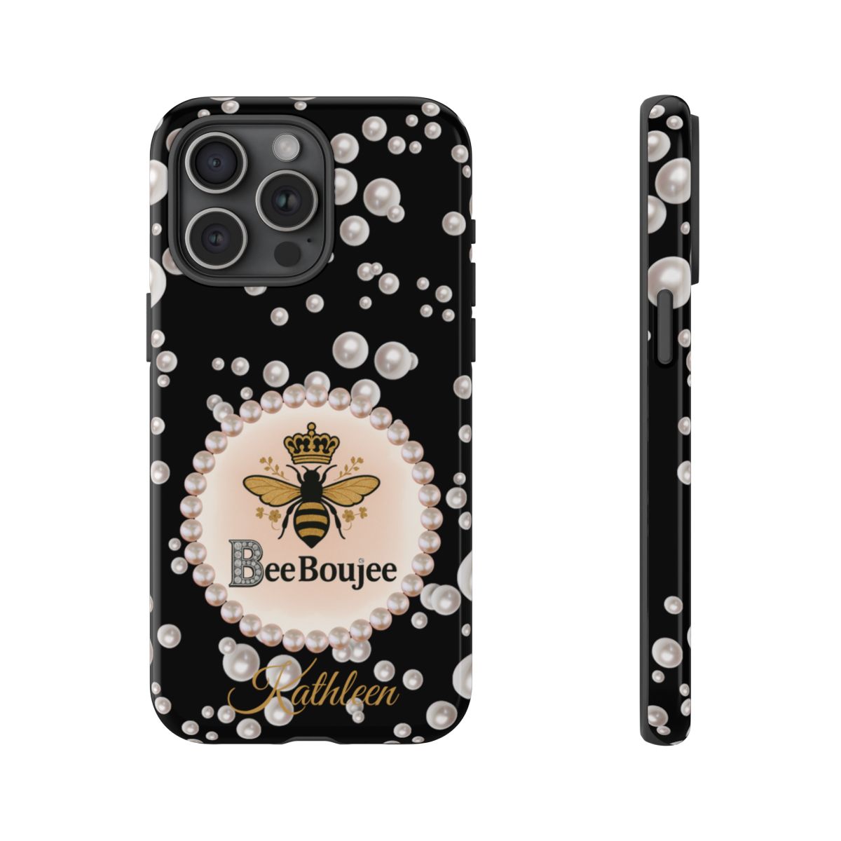 Personalized Bee Boujee Themed Tough iPhone Cases 14/15/16 Plus/Pro/Pro Max (Black and Pearl Emblem)