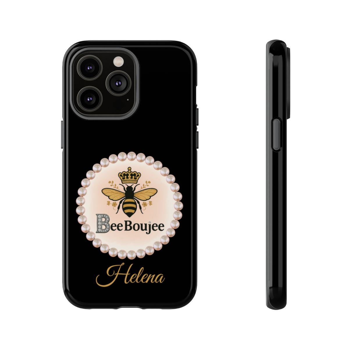 Personalized Bee Boujee Themed Tough iPhone Cases 14/15/16 Plus/Pro/Pro Max (Black and Pearl Emblem)