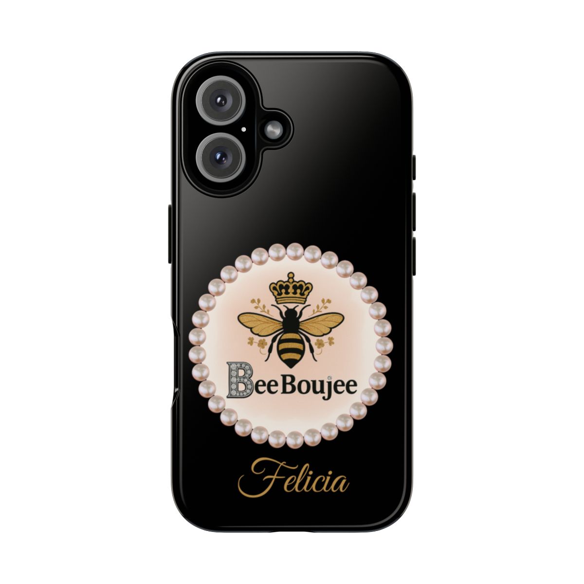 Personalized Bee Boujee Themed Tough iPhone Cases 14/15/16 Plus/Pro/Pro Max (Black and Pearl Emblem)
