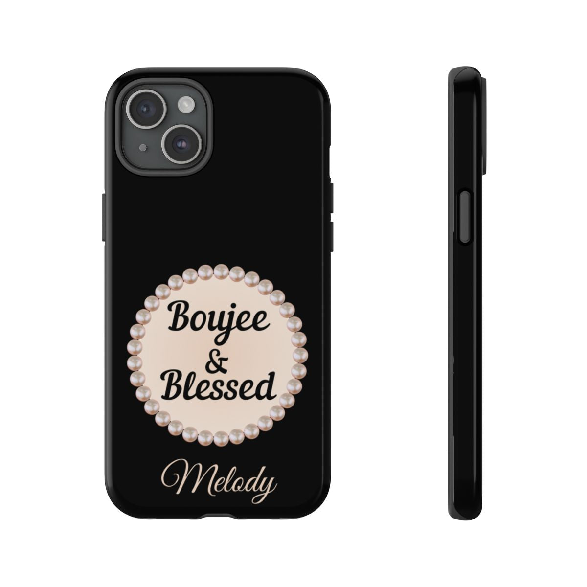 Personalized Boujee & Blessed Themed Tough iPhone Cases 14/15/16 Plus/Pro/Pro Max (Black and Pearl Emblem)