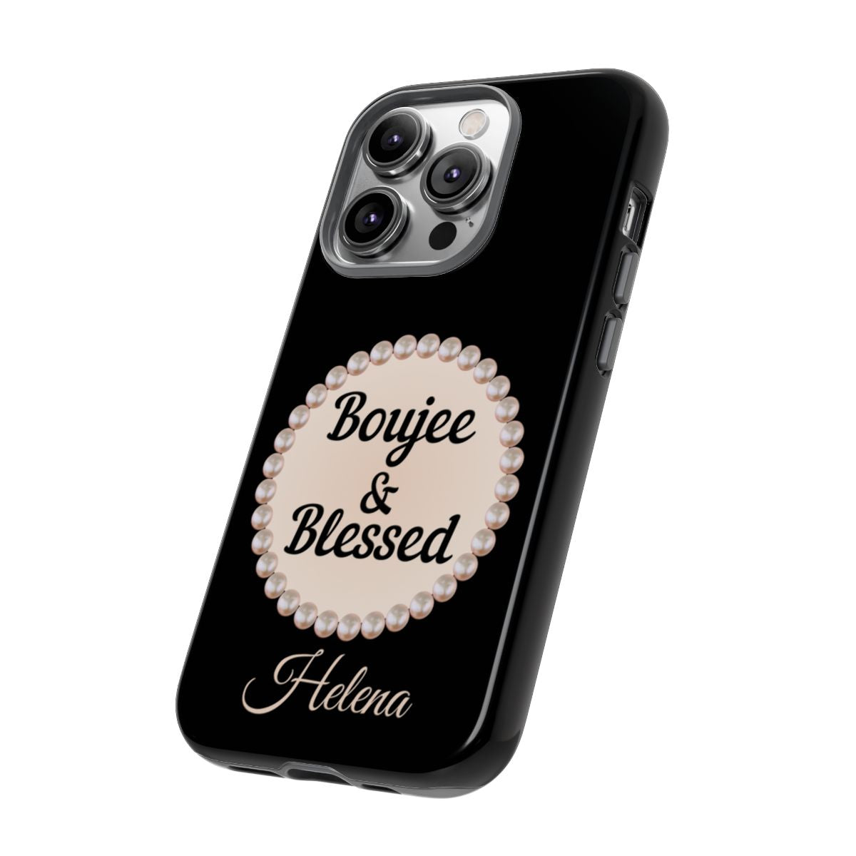 Personalized Boujee & Blessed Themed Tough iPhone Cases 14/15/16 Plus/Pro/Pro Max (Black and Pearl Emblem)
