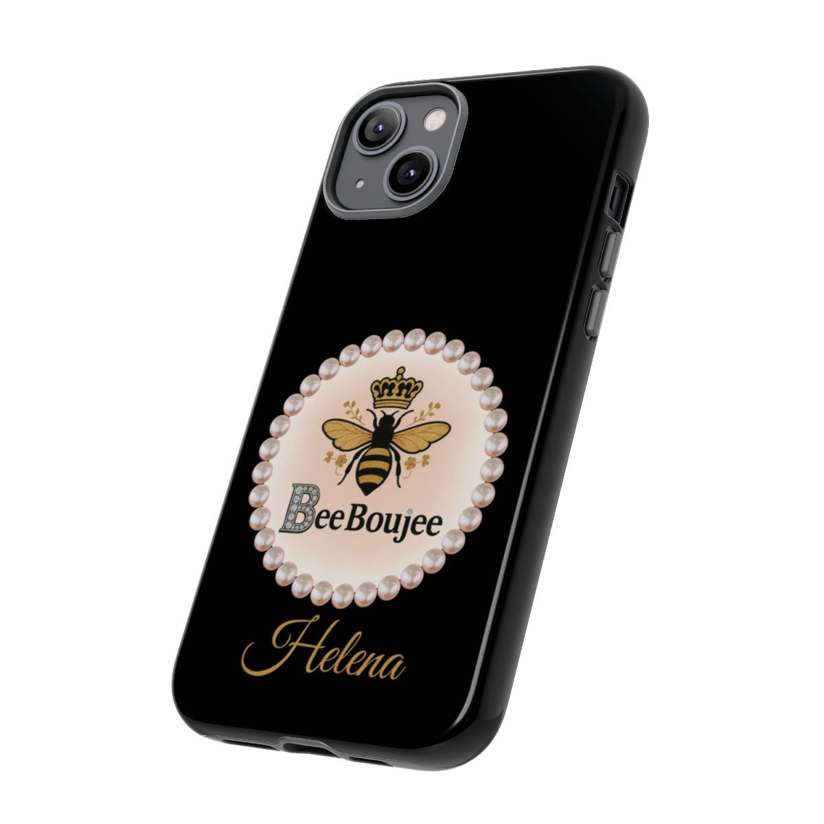 Personalized Bee Boujee Themed Tough iPhone Cases 14/15/16 Plus/Pro/Pro Max (Black and Pearl Emblem)