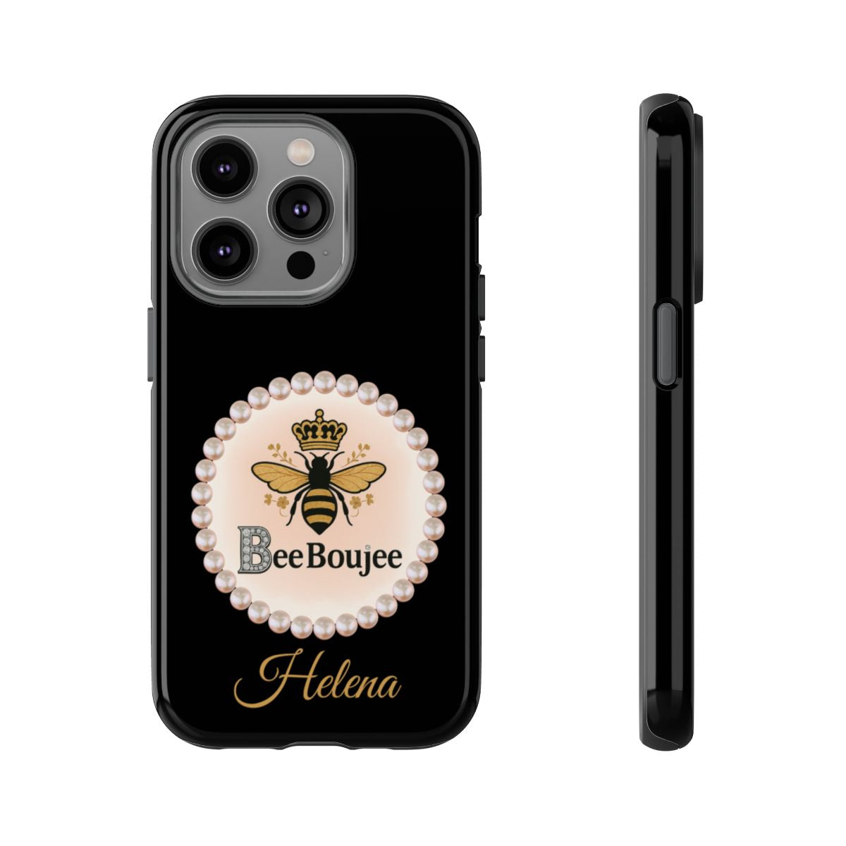 Personalized Bee Boujee Themed Tough iPhone Cases 14/15/16 Plus/Pro/Pro Max (Black and Pearl Emblem)