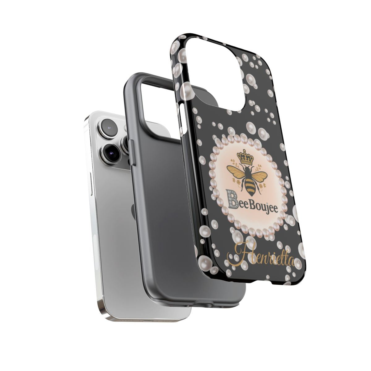Personalized Bee Boujee Themed Tough iPhone Cases 14/15/16 Plus/Pro/Pro Max (Black and Pearl Emblem)
