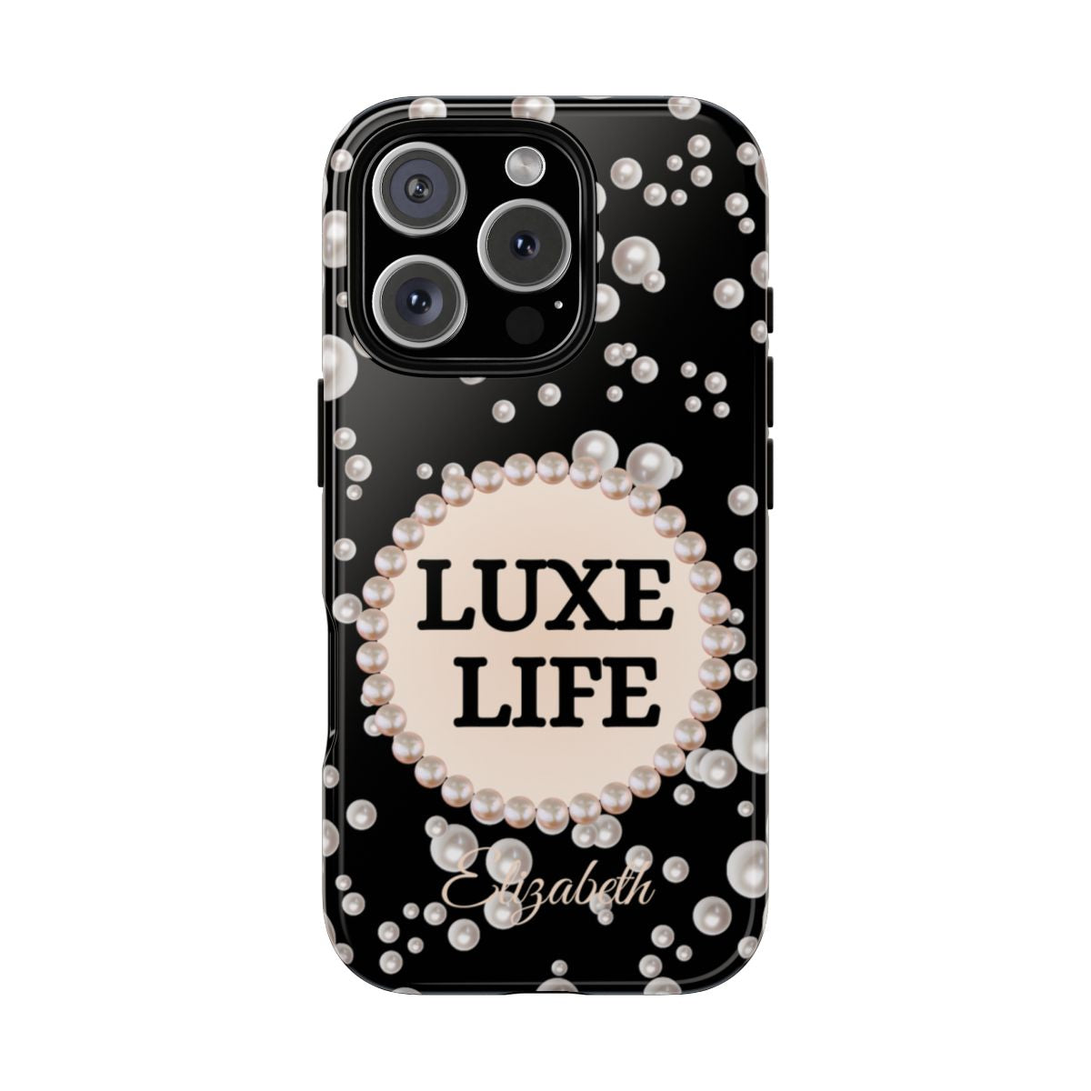 Personalized Luxe Life Themed Tough iPhone Cases 14/15/16 Plus/Pro/Pro Max (Black and Pearl Emblem)