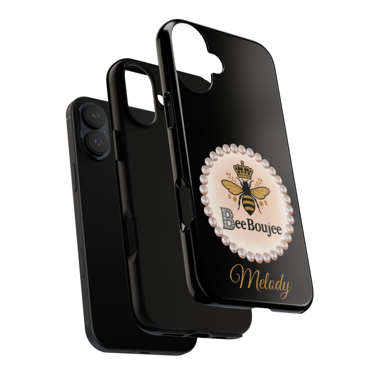 Personalized Bee Boujee Themed Tough iPhone Cases 14/15/16 Plus/Pro/Pro Max (Black and Pearl Emblem)