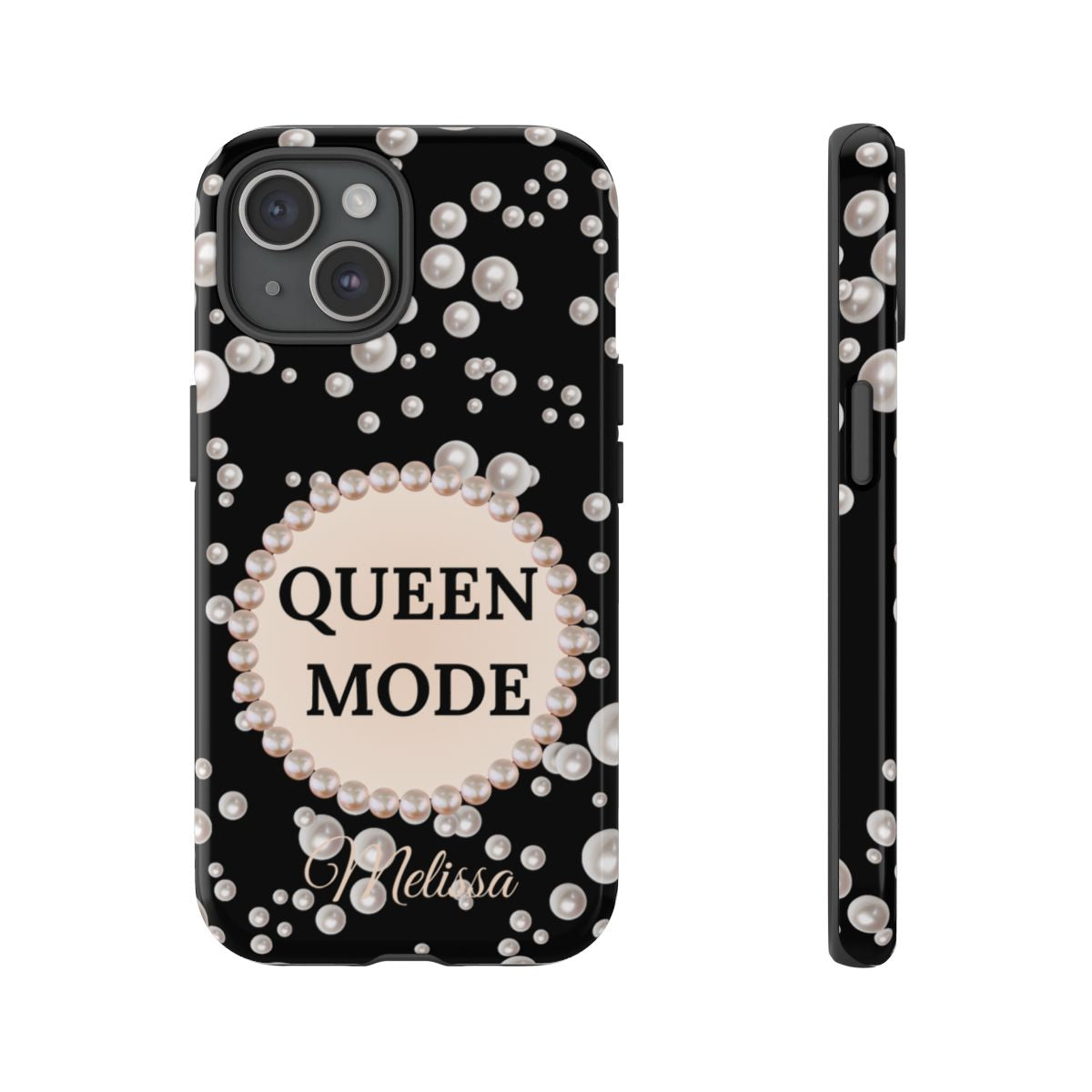 Personalized Queen Mode Themed Tough iPhone Cases 14/15/16 Plus/Pro/Pro Max (Black and Pearl Emblem)