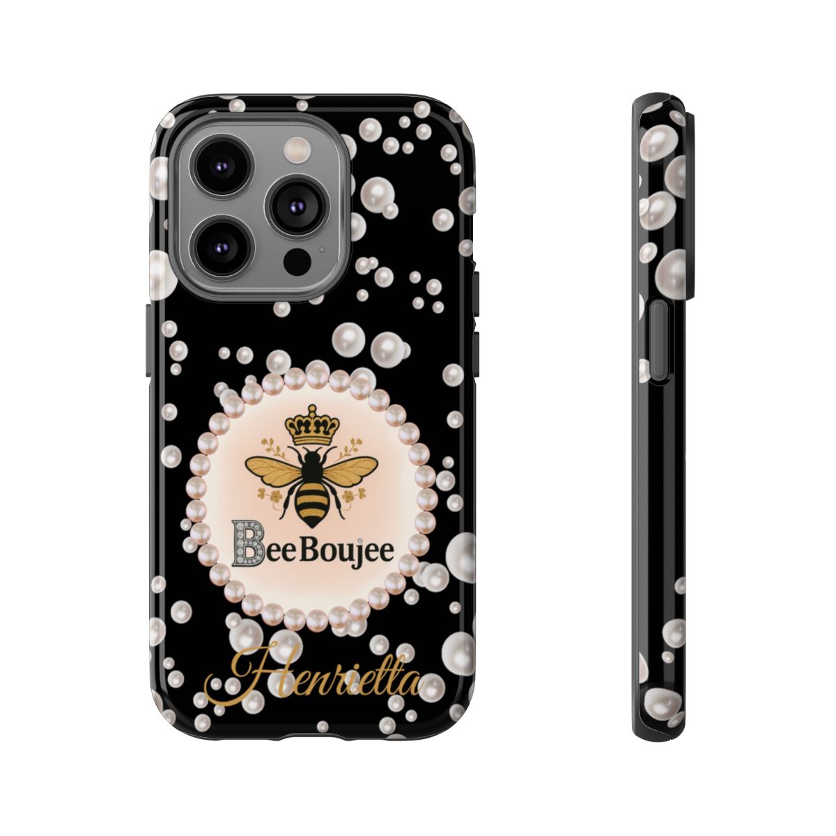 Personalized Bee Boujee Themed Tough iPhone Cases 14/15/16 Plus/Pro/Pro Max (Black and Pearl Emblem)