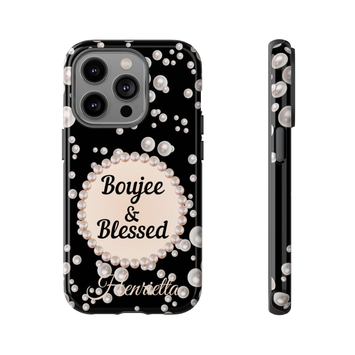 Personalized Boujee & Blessed Themed Tough iPhone Cases 14/15/16 Plus/Pro/Pro Max (Black and Pearl Emblem)