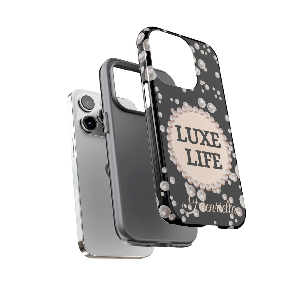 Personalized Luxe Life Themed Tough iPhone Cases 14/15/16 Plus/Pro/Pro Max (Black and Pearl Emblem)