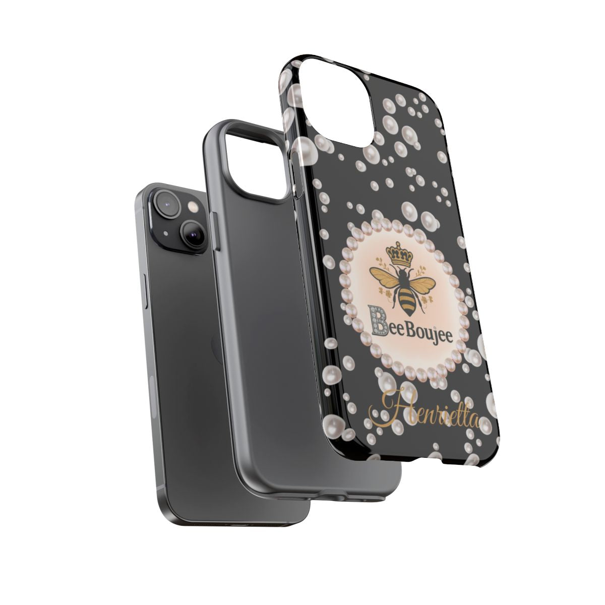 Personalized Bee Boujee Themed Tough iPhone Cases 14/15/16 Plus/Pro/Pro Max (Black and Pearl Emblem)
