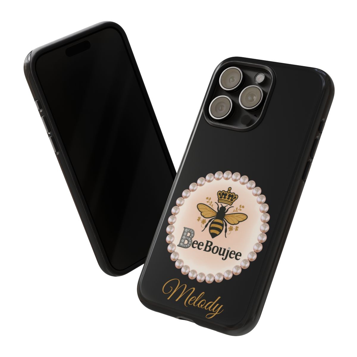 Personalized Bee Boujee Themed Tough iPhone Cases 14/15/16 Plus/Pro/Pro Max (Black and Pearl Emblem)