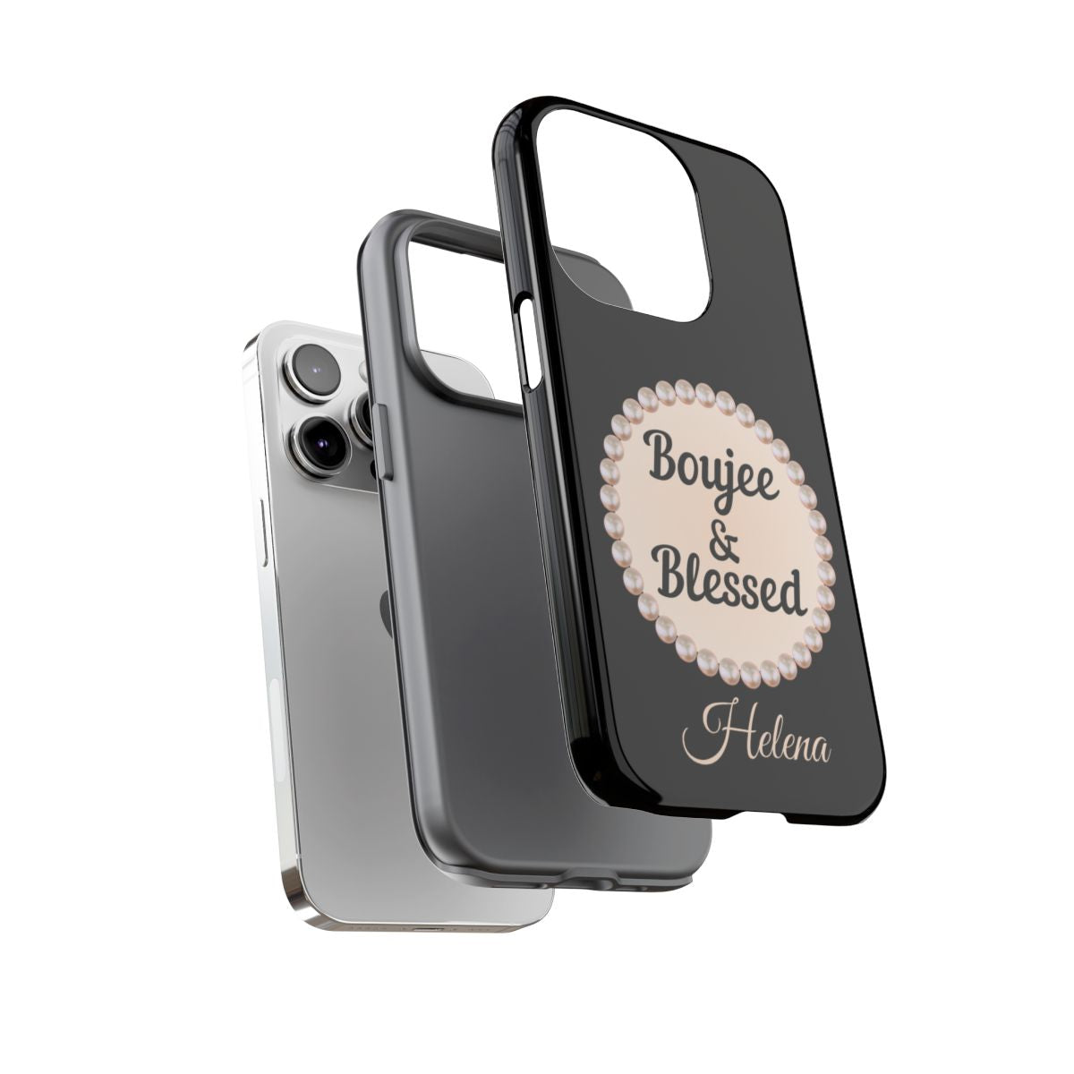 Personalized Boujee & Blessed Themed Tough iPhone Cases 14/15/16 Plus/Pro/Pro Max (Black and Pearl Emblem)