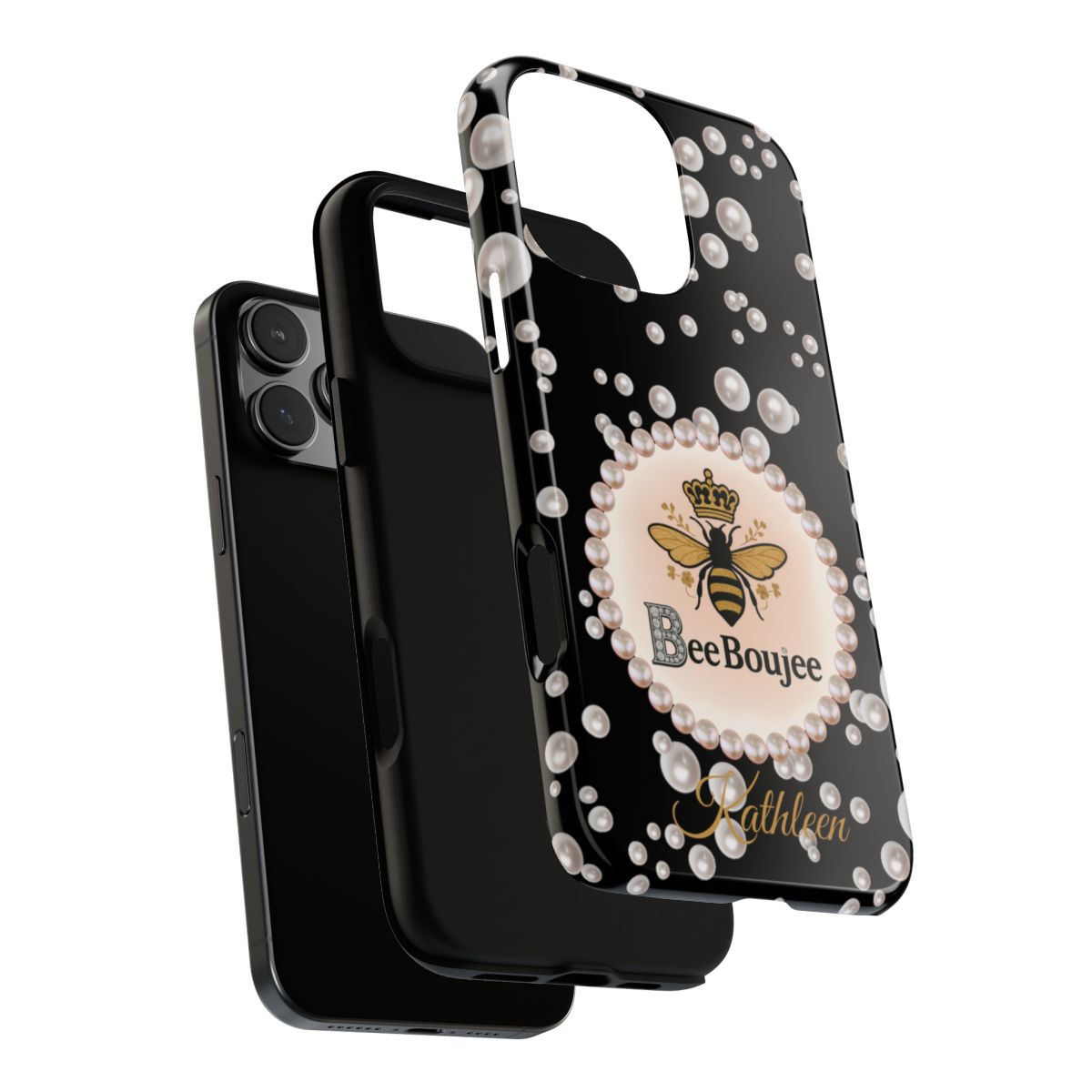 Personalized Bee Boujee Themed Tough iPhone Cases 14/15/16 Plus/Pro/Pro Max (Black and Pearl Emblem)