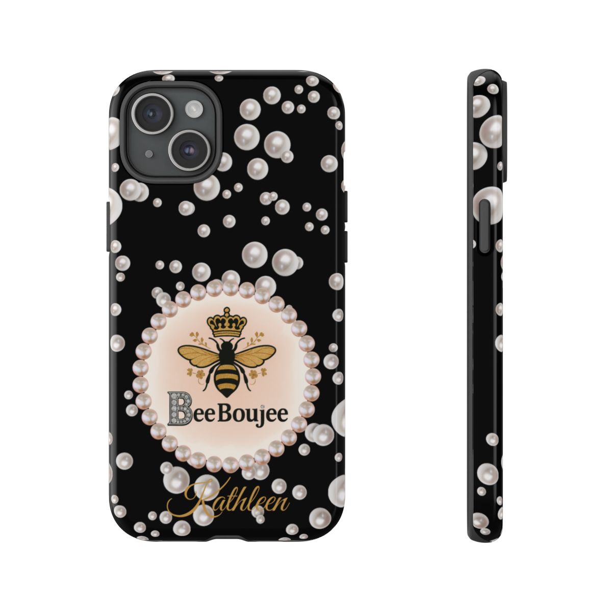 Personalized Bee Boujee Themed Tough iPhone Cases 14/15/16 Plus/Pro/Pro Max (Black and Pearl Emblem)