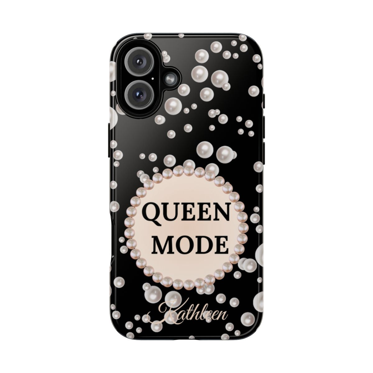 Personalized Queen Mode Themed Tough iPhone Cases 14/15/16 Plus/Pro/Pro Max (Black and Pearl Emblem)