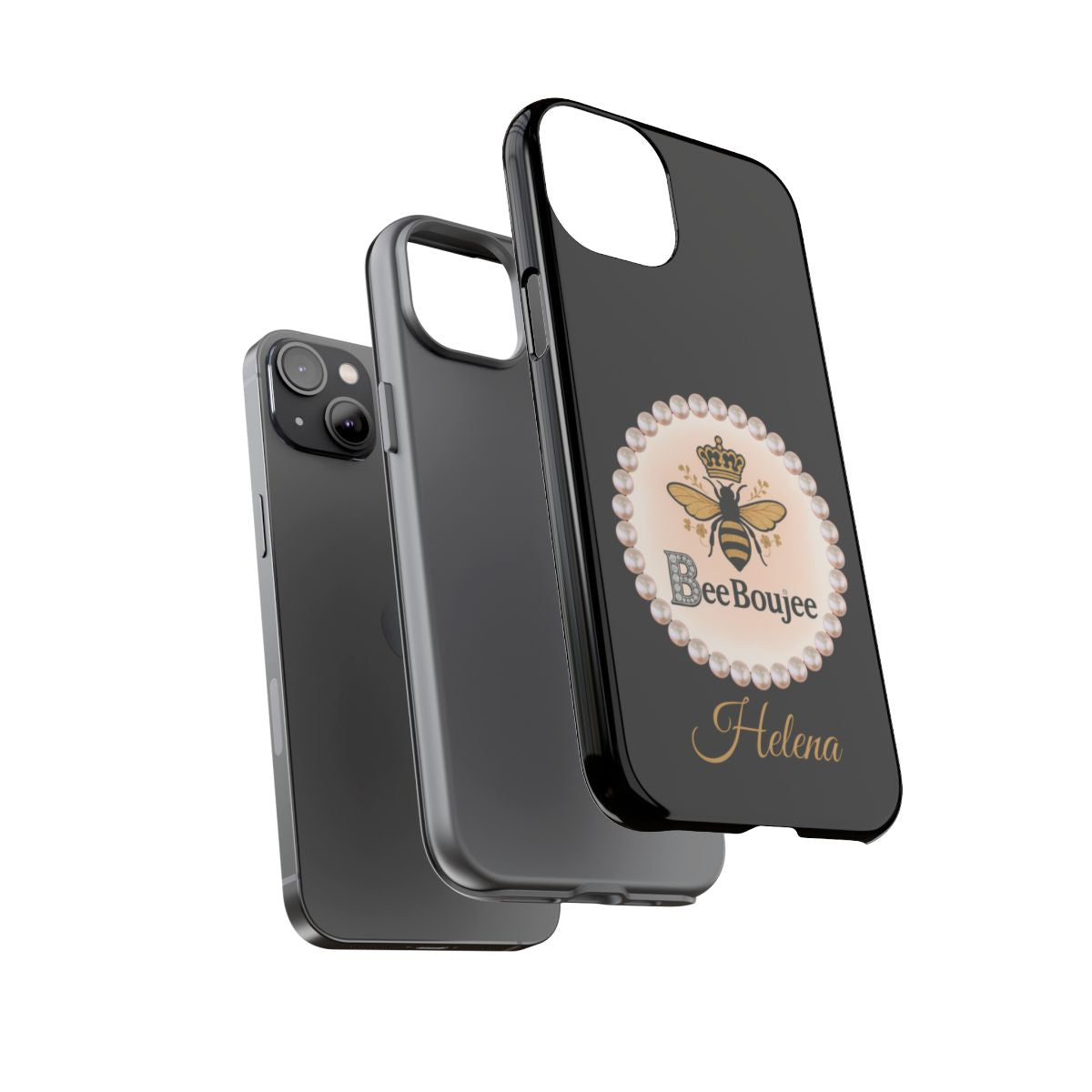 Personalized Bee Boujee Themed Tough iPhone Cases 14/15/16 Plus/Pro/Pro Max (Black and Pearl Emblem)