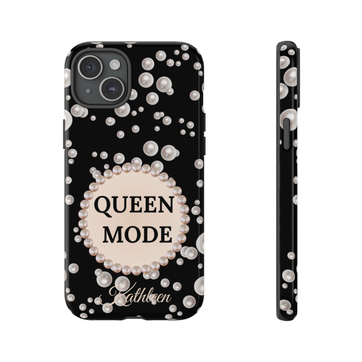 Personalized Queen Mode Themed Tough iPhone Cases 14/15/16 Plus/Pro/Pro Max (Black and Pearl Emblem)