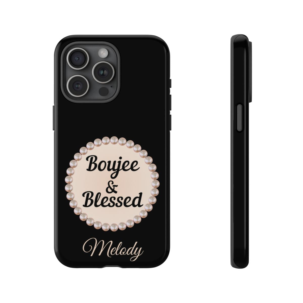 Personalized Boujee & Blessed Themed Tough iPhone Cases 14/15/16 Plus/Pro/Pro Max (Black and Pearl Emblem)