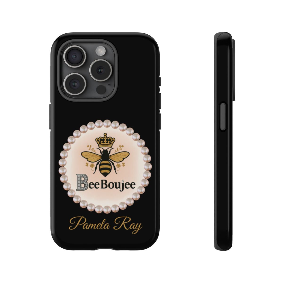 Personalized Bee Boujee Themed Tough iPhone Cases 14/15/16 Plus/Pro/Pro Max (Black and Pearl Emblem)